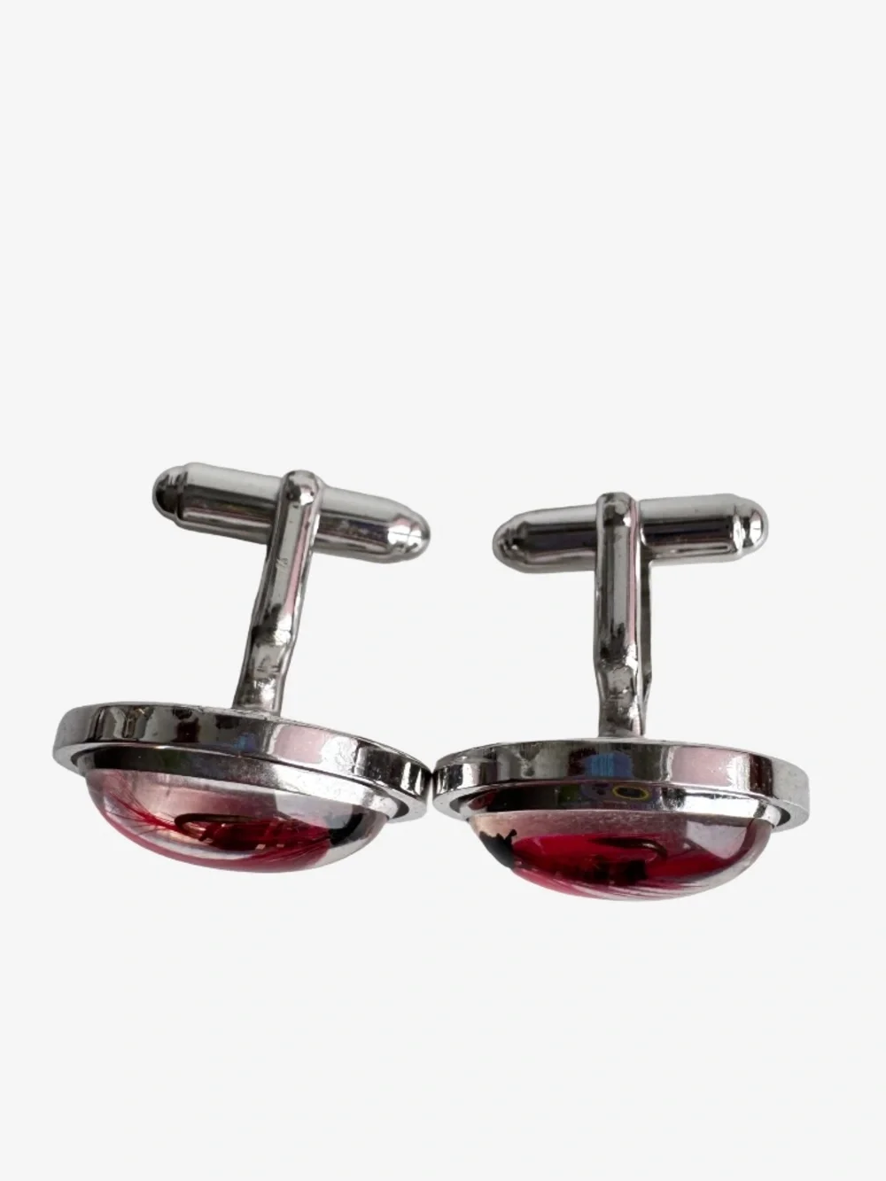 Vintage Anson Fly Fishing Lure Cufflinks Red Feather Hook Silver Tone Dome Mens